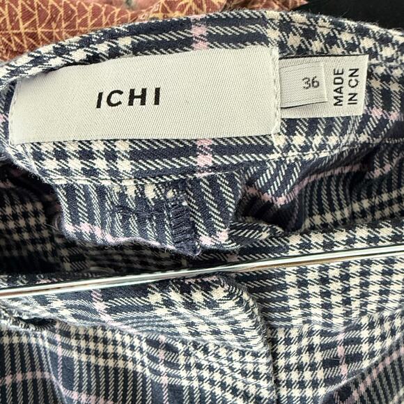 Plaid Pants Womens 36 US 4 Slim Cropped Ankle Navy Purple ICHI Check Trousers - Picture 5 of 5